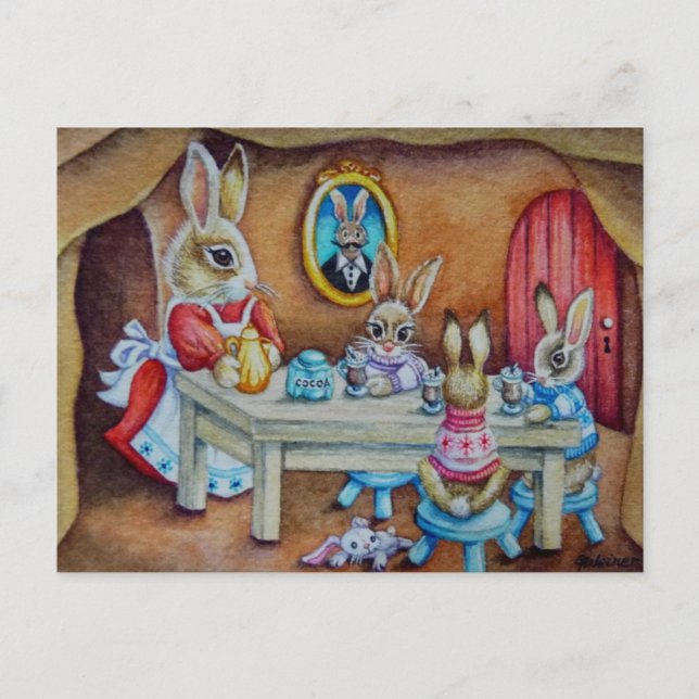 Bunny Rabbit Family Hot Cocoa Break Watercolor Art Postcard (Front)