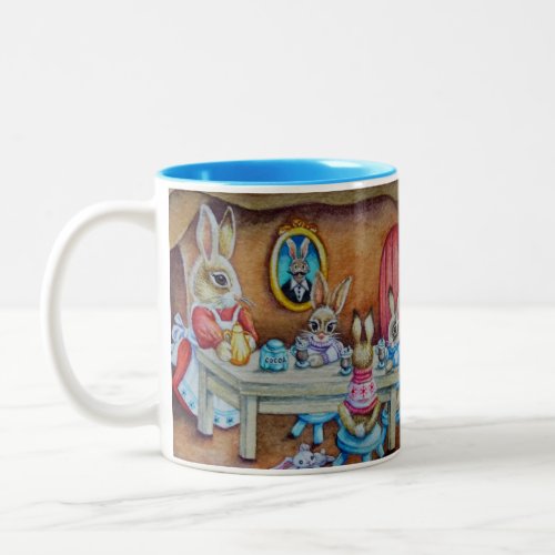Bunny Rabbit Family Hot Cocoa Break Watercolor Art Two_Tone Coffee Mug