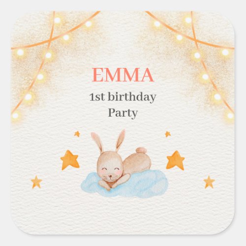 Bunny rabbit first birthday party square sticker