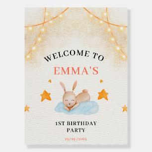 Bunny rabbit first birthday party welcome sign