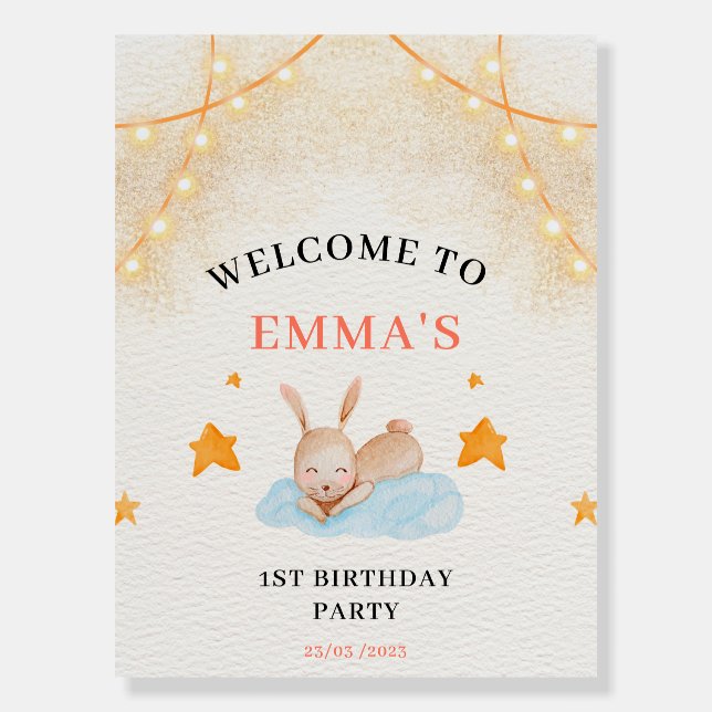 Bunny rabbit first birthday party welcome sign  (Front)