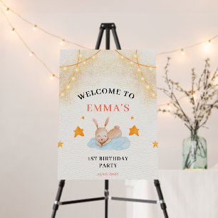 Bunny rabbit first birthday party welcome sign 