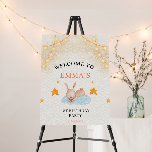 Bunny rabbit first birthday party welcome sign  (In Situ (Stand))