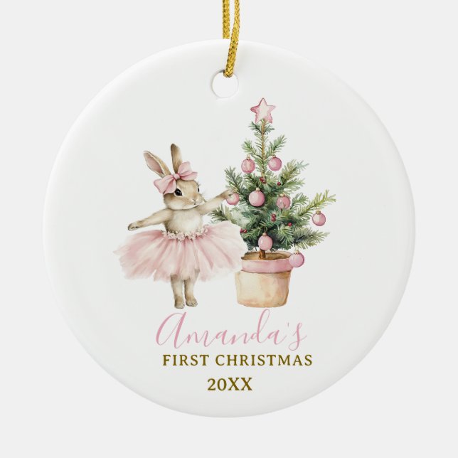 Bunny Rabbit First Christmas Keepsake Baby Girl Ceramic Ornament (Front)