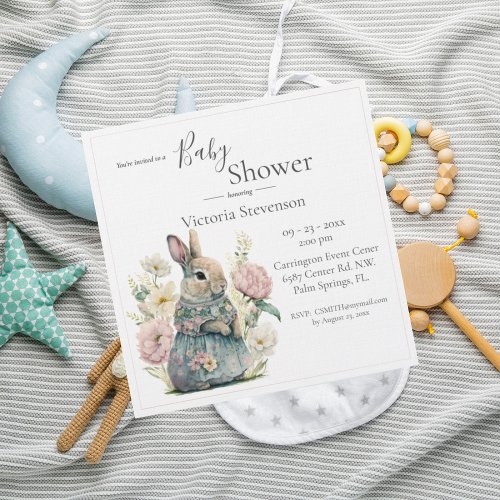 Bunny Rabbit Floral Baby Girl Shower Invitation