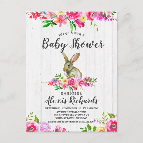 Bunny Rabbit Floral Baby Girl Shower Invitation