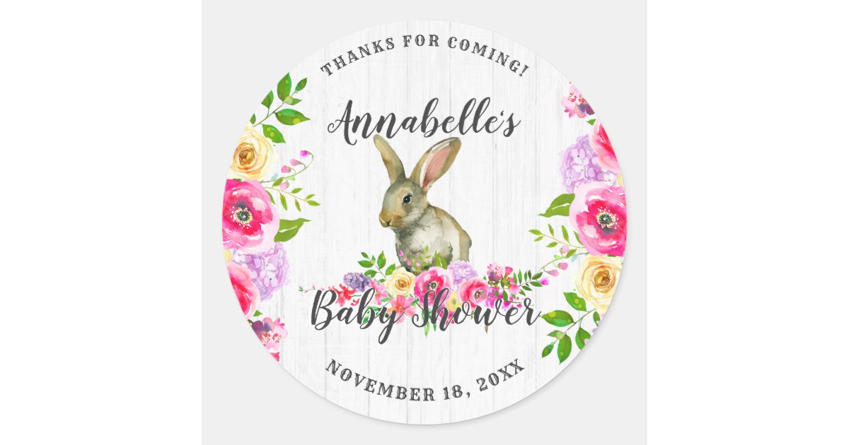 Bunny Rabbit Floral Baby Girl Shower Thank You Classic Round Sticker