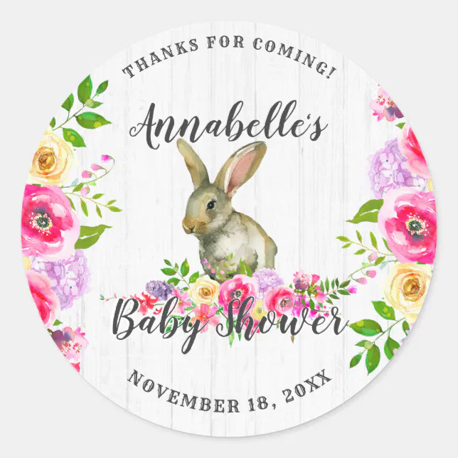Bunny Rabbit Floral Baby Girl Shower Thank You Classic Round Sticker ...