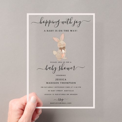Bunny Rabbit Floral Gender Neutral Baby Shower Acrylic Invitations