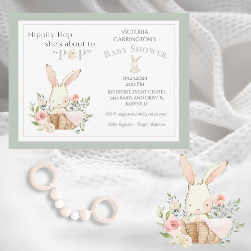 Bunny Rabbit Floral Green Gender Neutral Baby Invitation Postcard