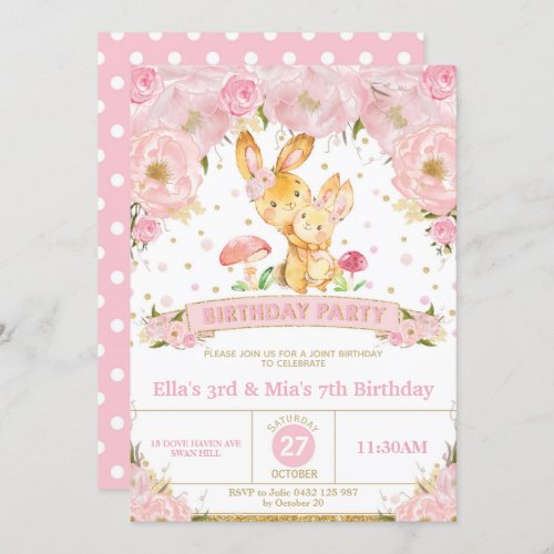 Bunny Rabbit Floral Joint Birthday Party Sisters Invitation