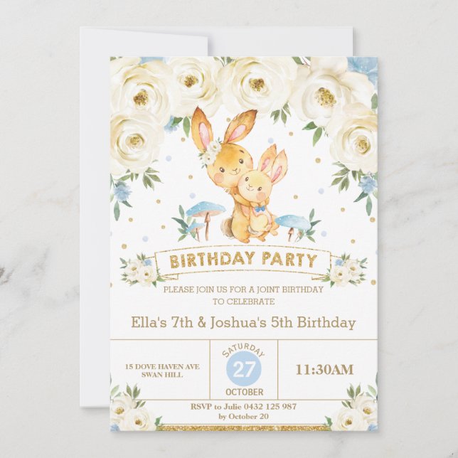 Bunny Rabbit Floral Joint Birthday Sister Brother Invitation (Front)