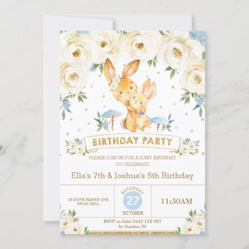 Bunny Rabbit Floral Joint Birthday Sister Brother Invitation