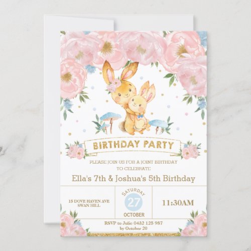 Bunny Rabbit Floral Joint Birthday Sister Brother  Invitation