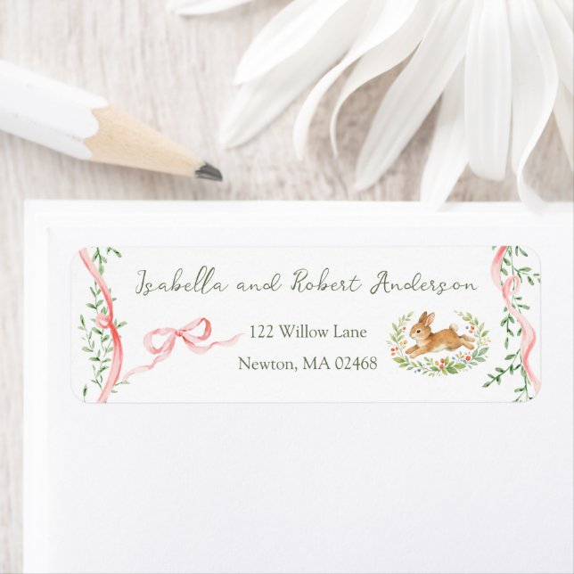 Bunny Rabbit Floral Pink Bow Baby Shower Address Label (Insitu)