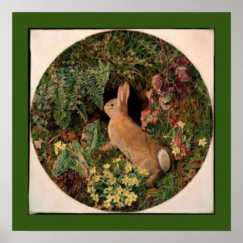 Bunny rabbit flowers ferns vintage woodland spring poster