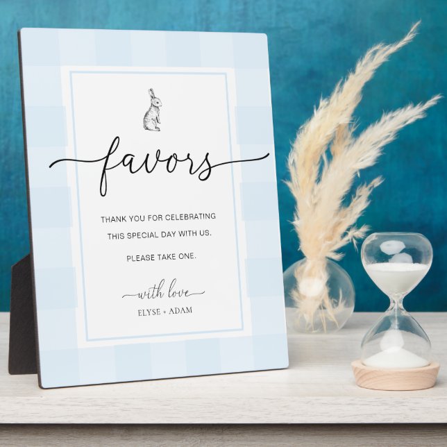 Bunny Rabbit Gingham Blue Gingham Favors Sign Plaque (Side)