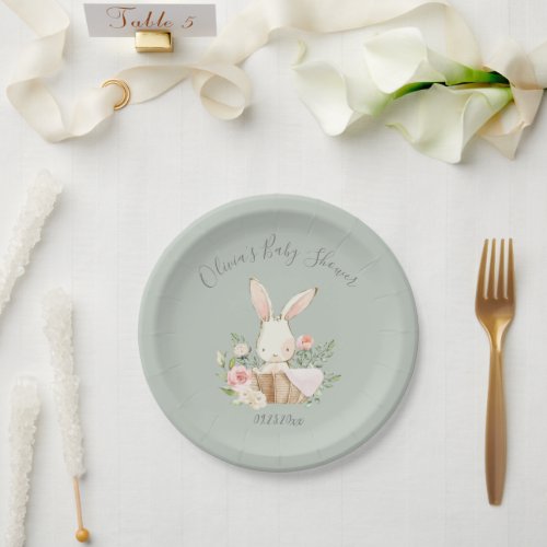 Bunny Rabbit Girl Baby Sage Green Paper Plates