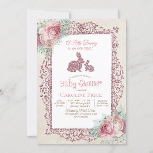 Bunny Rabbit Glitter Floral Baby Shower Invitation