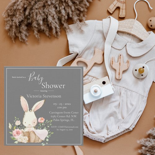 Bunny Rabbit Gray Baby Shower Invitation