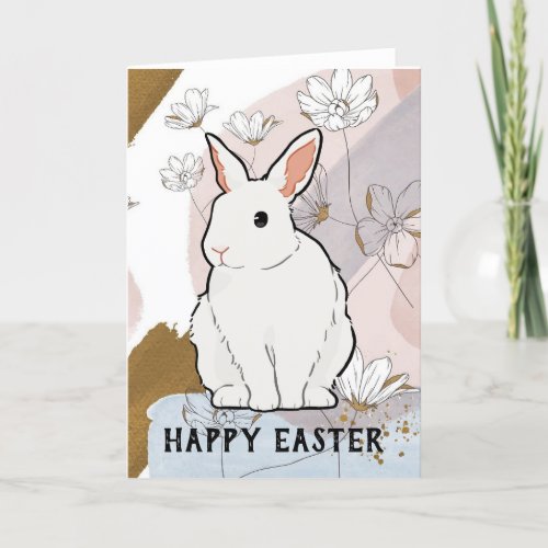 Bunny Rabbit Happy Easter Floral Gold Pink Blue  Holiday Card