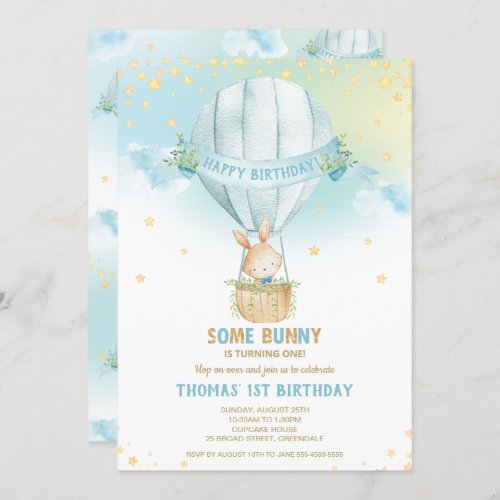Bunny Rabbit Hot Air Balloon 1st Birthday Boy Invitation