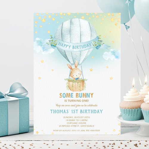 Bunny Rabbit Hot Air Balloon 1st Birthday Boy Invitation