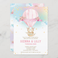 Bunny Rabbit Hot Air Balloon 1st Birthday Twins  Invitation