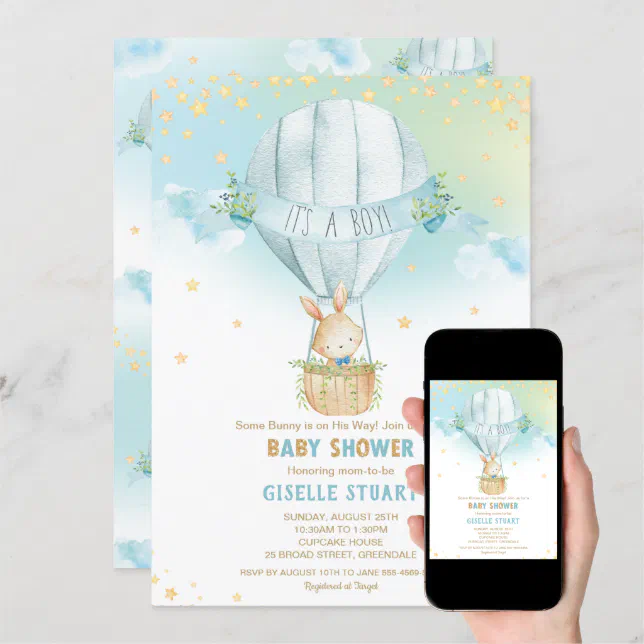 Bunny Rabbit Hot Air Balloon Baby Shower Boy Invitation | Zazzle