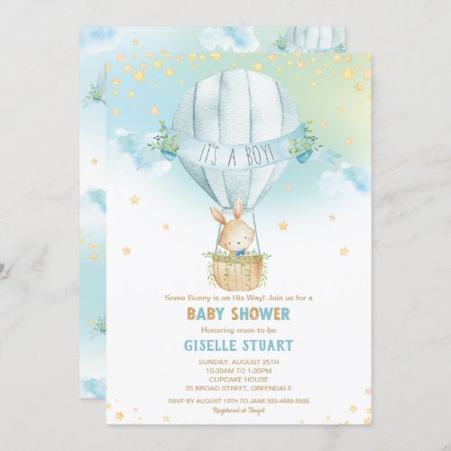 Bunny Rabbit Hot Air Balloon Baby Shower Boy Invitation