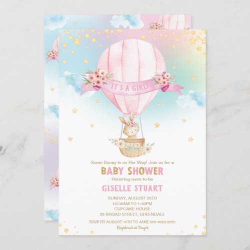 Bunny Rabbit Hot Air Balloon Baby Shower Girl Invitation