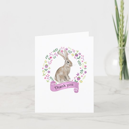 Bunny Rabbit in Doodle Flower Wreath Cute Thank You Card | Zazzle.com