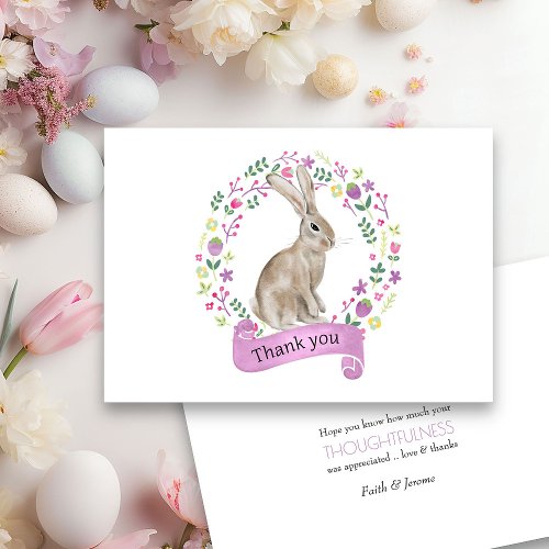 Bunny Rabbit in Doodle Flower Wreath Thank You Card