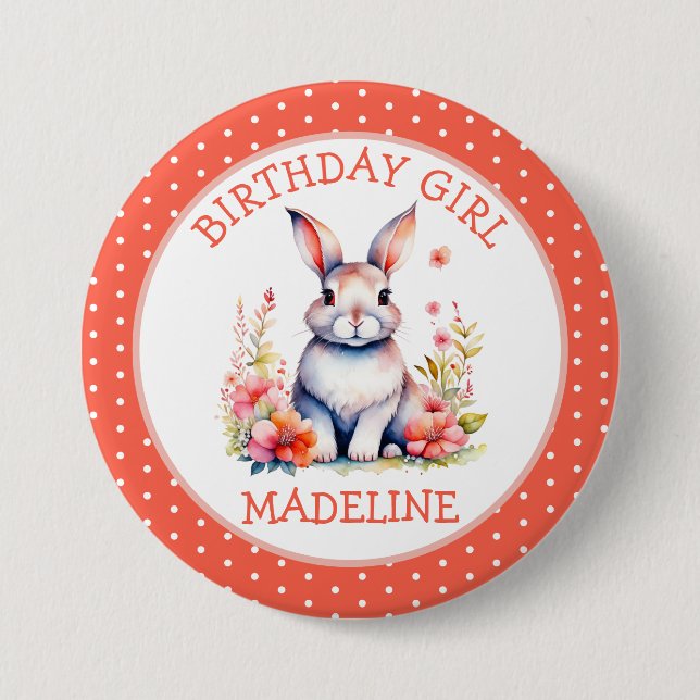 Bunny Rabbit in Flowers Happy Birthday Personalize Button (Front)