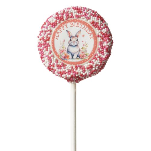 Bunny Rabbit in Flowers Happy Birthday Personalize Chocolate Covered Oreo Pop