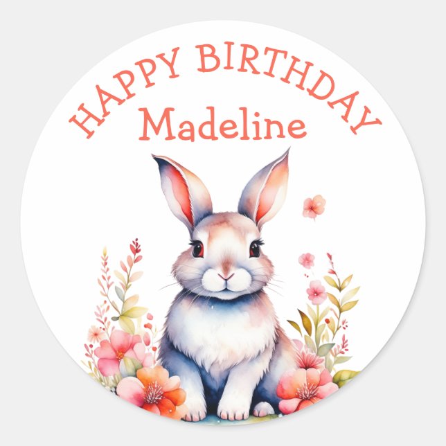 Bunny Rabbit in Flowers Happy Birthday Personalize Classic Round Sticker (Front)