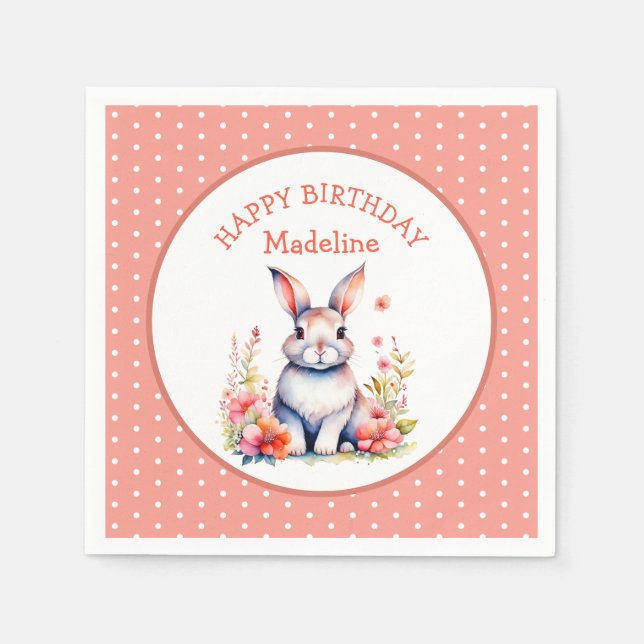 Bunny Rabbit in Flowers Happy Birthday Personalize Napkins (Front)