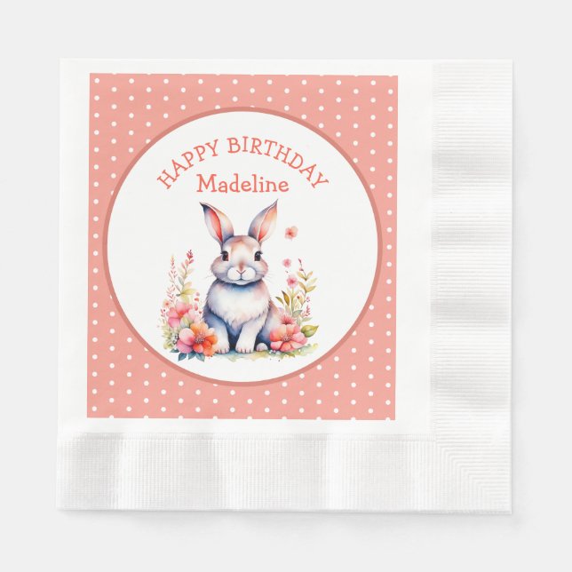 Bunny Rabbit in Flowers Happy Birthday Personalize Napkins (Front)