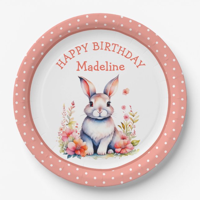 Bunny Rabbit in Flowers Happy Birthday Personalize Paper Plates (Front)