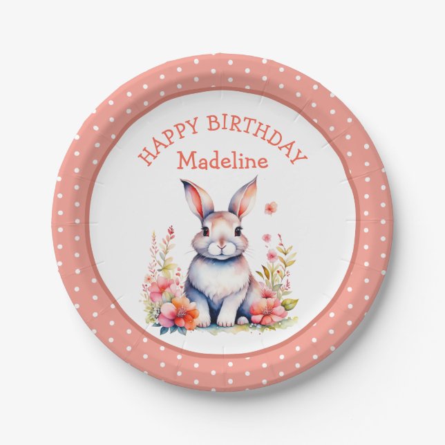 Bunny Rabbit in Flowers Happy Birthday Personalize Paper Plates (Front)