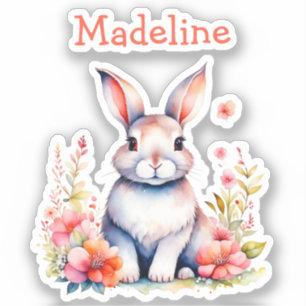 Bunny Rabbit in Flowers Happy Birthday Personalize Sticker