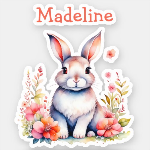 Bunny Rabbit in Flowers Happy Birthday Personalize Sticker