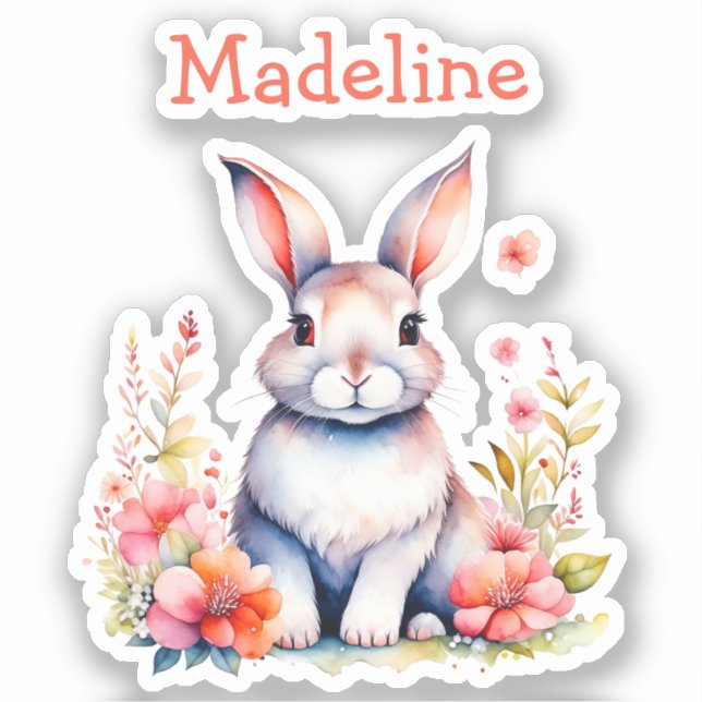 Bunny Rabbit in Flowers Happy Birthday Personalize Sticker (Front)