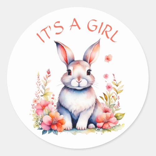 Bunny Rabbit in Flowers Its a Girl Baby Shower Classic Round Sticker