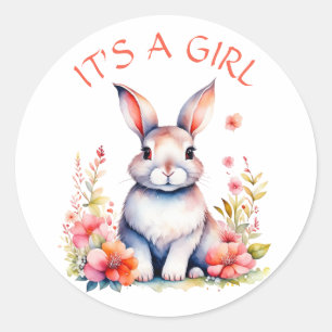 Bunny Rabbit in Flowers It's a Girl Baby Shower Classic Round Sticker