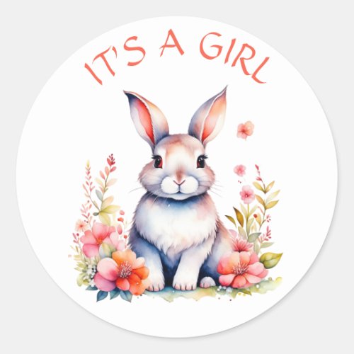 Bunny Rabbit in Flowers Its a Girl Baby Shower Classic Round Sticker
