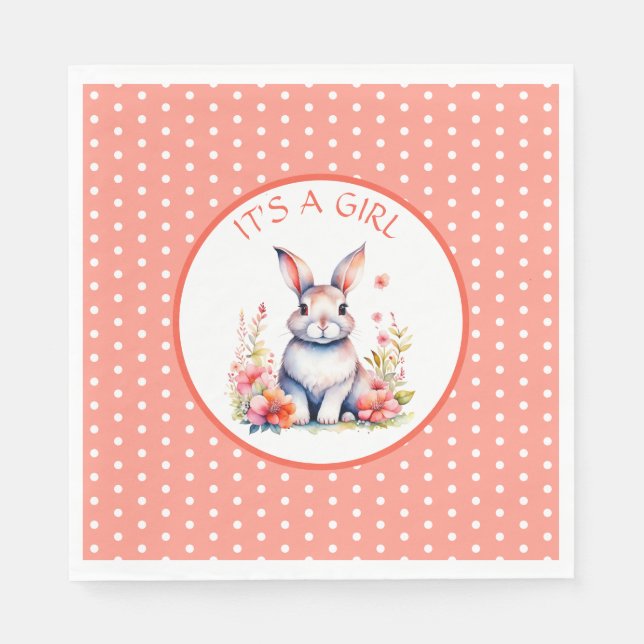 Bunny Rabbit in Flowers It's a Girl Baby Shower Napkins (Front)