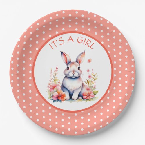 Bunny Rabbit in Flowers Its a Girl Baby Shower Paper Plates