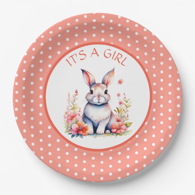 Bunny Rabbit in Flowers It's a Girl Baby Shower Paper Plates (Front)