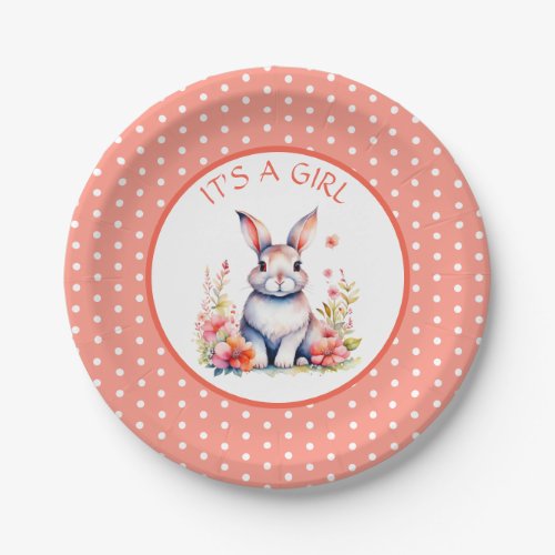 Bunny Rabbit in Flowers Its a Girl Baby Shower Paper Plates